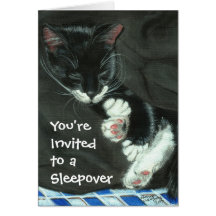 Sleeping Tuxedo Cat Sleepover Party Invitation Greeting Cards