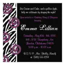 Slumber Party birthday invite fun cute girl zebra