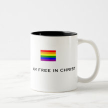 small rainbow flag, I AM FREE IN CHRIST Mugs