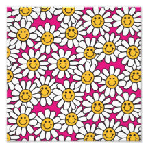 Smiley Daisy Flowers Pattern Pink Yellow Photographic Print