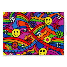 Smiley Face Rainbow and Flower Hippy Pattern Greeting Cards