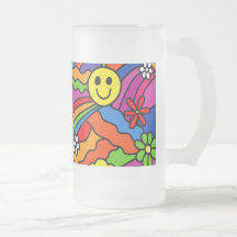 Smiley Face Rainbow and Flower Hippy Pattern Coffee Mugs