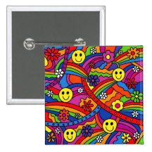 Smiley Face Rainbow and Flower Hippy Pattern Pin