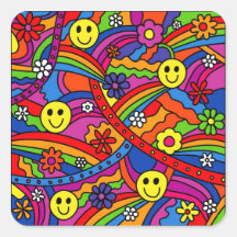 Smiley Face Rainbow and Flower Hippy Pattern Square Stickers