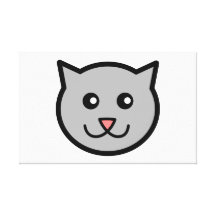 Smiling grey cat cartoon head stretched canvas print