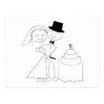 Smiling Stick Figure Couple Cuts the Wedding Cake Postcard