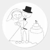 Smiling Stick Figure Couple Cuts the Wedding Cake Round Stickers