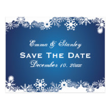 Snowflake blue white winter wedding Save the Date Postcards