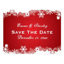 Snowflake red white winter wedding Save the Date Postcard