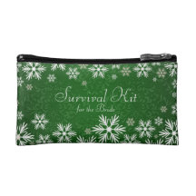 Snowflakes and Green Damask Wedding Survival Kit Cosmetic Bags