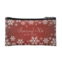 Snowflakes and Red Damask Wedding Survival Kit Makeup Bags