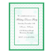 Snowflakes Green Chevron Holiday Party Invitations