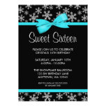 Snowflakes Teal Bow Winter Wonderland Sweet 16 Invitation