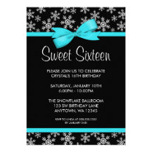 Snowflakes Teal Bow Winter Wonderland Sweet 16 Invitation