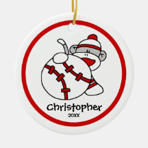 Sock Monkey Baseball Boy"s Christmas Ornament