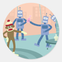 Sock Monkey Robot Cocktail Party Round Stickers