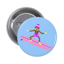Sock Monkey Surfer Girl Button