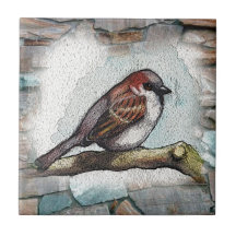 Sparrow: Bird, Watercolor, Stones, Rocks Tile