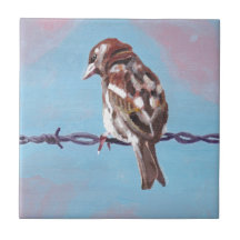 Sparrow on Barbed Wire Ceramic Tile