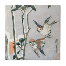 Sparrows and Camellia in Snow by Ando Hiroshige Tile