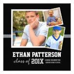 Sporty 3 Photo Graduation Announcement Black White