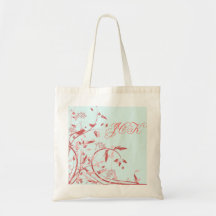 Spring Vines & Birds Blue Monogrammed Tote Canvas Bags