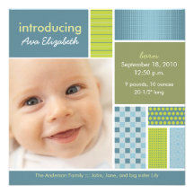 Square Patchwork Blue Designer Birth Announcement