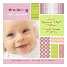 Square Patchwork Pink Designer Birth Announcement