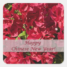Square Sticker Chinese New Year Red Bougainvillea