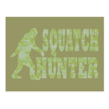 Squatch hunter on camouflage postcard
