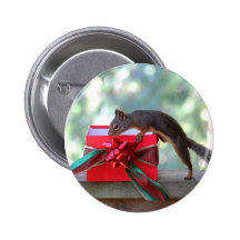 Squirrel Opening Christmas Present Pinback Button