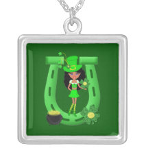 St Patrick’s Day Brunette Girl Leprechaun Personalized Necklace