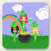 St Patrick’s Day Girl Leprechauns Beverage Coaster
