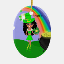 St Pat's Day Brunette Girl Leprechaun with Rainbow Ornament