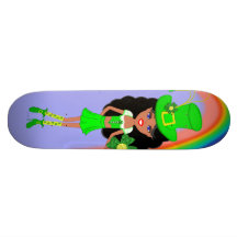 St Pat's Day Brunette Girl Leprechaun with Rainbow Skateboards