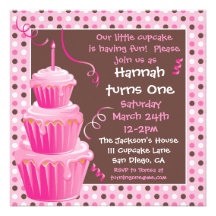 Stacked Cupcakes 1st Birthday Party with polkadots Announcement