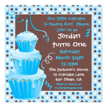 Stacked Cupcakes 1st Birthday Party with polkadots Personalized Announcements