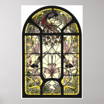 Stained Glass with Peacock and Butterflies Poster