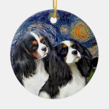 Starry Night - Two Tri Cavaliers Christmas Tree Ornaments