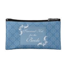 Steel Blue Damask and Floral Frame Survival Kit Makeup Bags