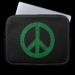 Stencilled Peace Symbol - Dk Grn on Blk laptop sleeves