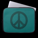 Stencilled Peace Symbol - Dk Grn on Teal laptop sleeves
