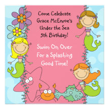 Stick Figure Mermaid Custom Birthday Invitation