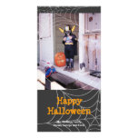 Sticky spider web black orange Halloween greeting Customised Photo Card