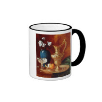 Still life of a gilt ewer, vase of flowers mugs