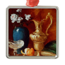 Still life of a gilt ewer, vase of flowers ornaments