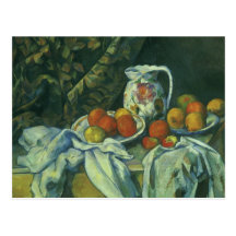 Still Life w Curtain Flowered Pitcher by Cezanne Postcard