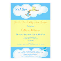 Stork in The Clouds Blue Baby Boy Shower Luncheon Announcement