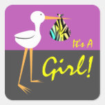 Stork with Neon Zebra Print Bundle It's A Girl Sticker