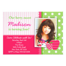 Strawberry Pink Green Birthday Party Invitations